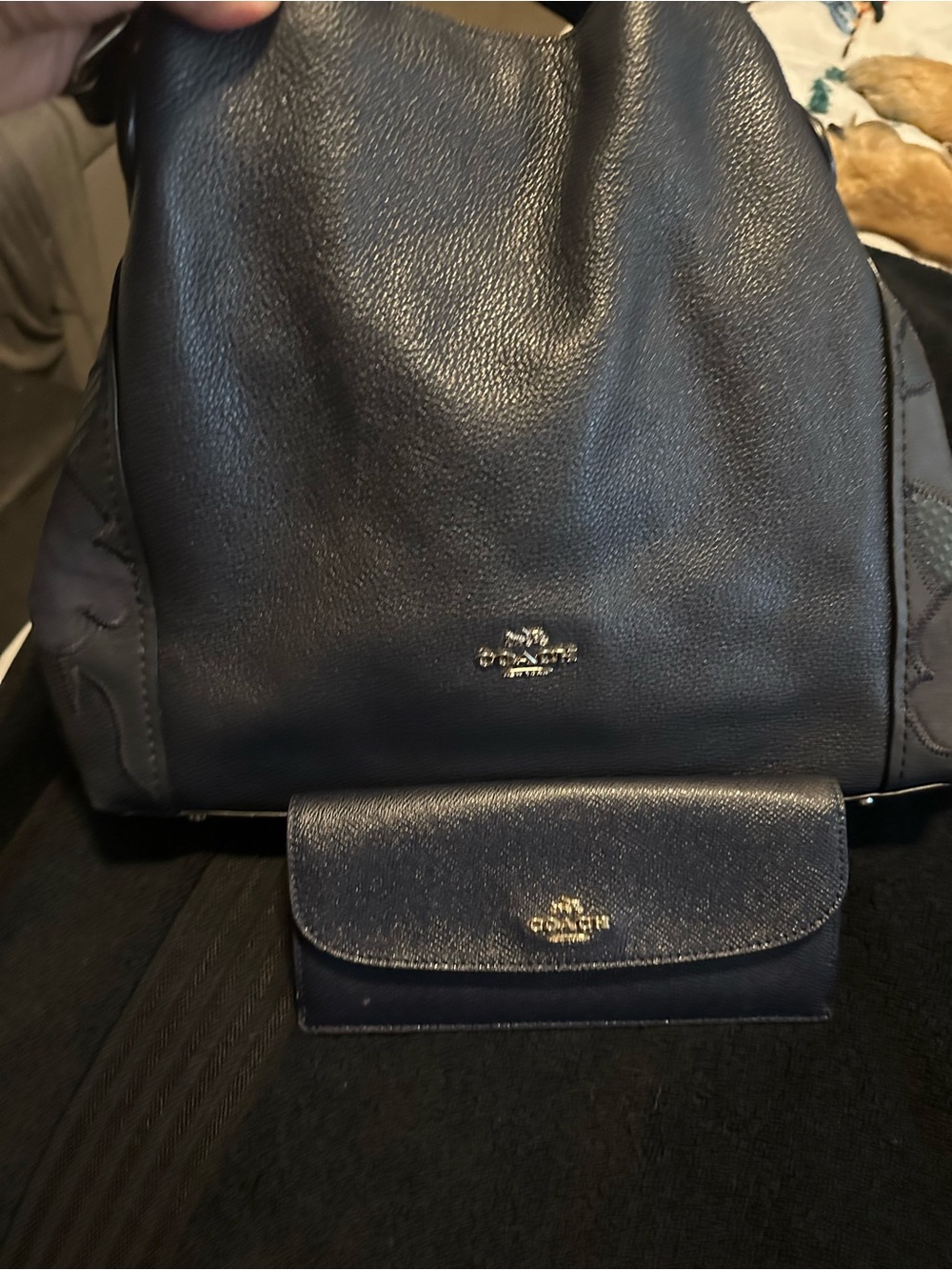 Coach Navy Leather Shoulder Bag with Matching Wallet Set